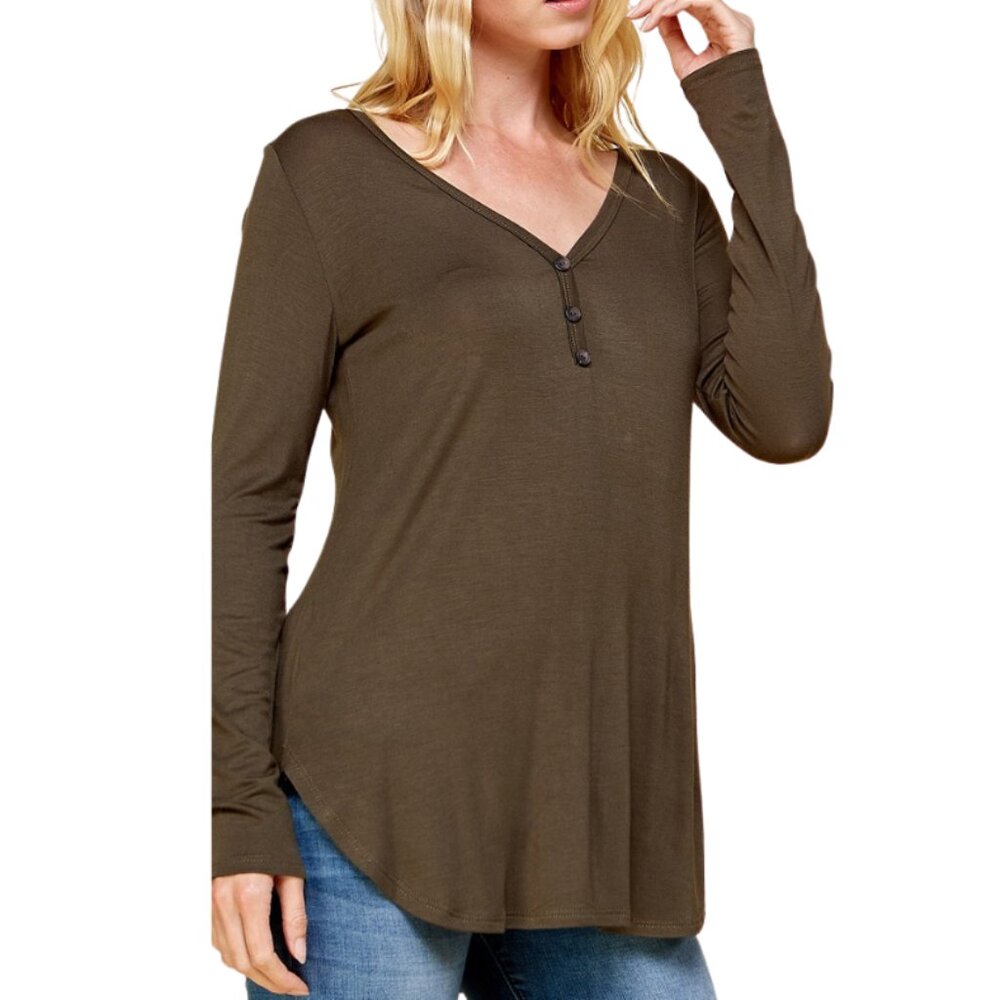 Buttoned V-Neck Long Sleeve Top in Olive | A.gain | NWOT